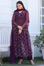 Thumbnail for Jyoti Fashion Women's Wine Georgette Bandhani Print Kurta Set with Dupatta - Distacart
