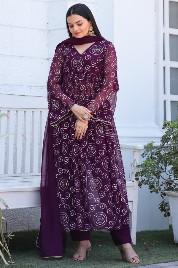 Jyoti Fashion Women's Wine Georgette Bandhani Print Kurta Set with Dupatta - Distacart