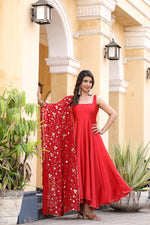 Thumbnail for Jyoti Fashion Women's Red Satin Silk Lace Work Gown with Dupatta Set - Distacart