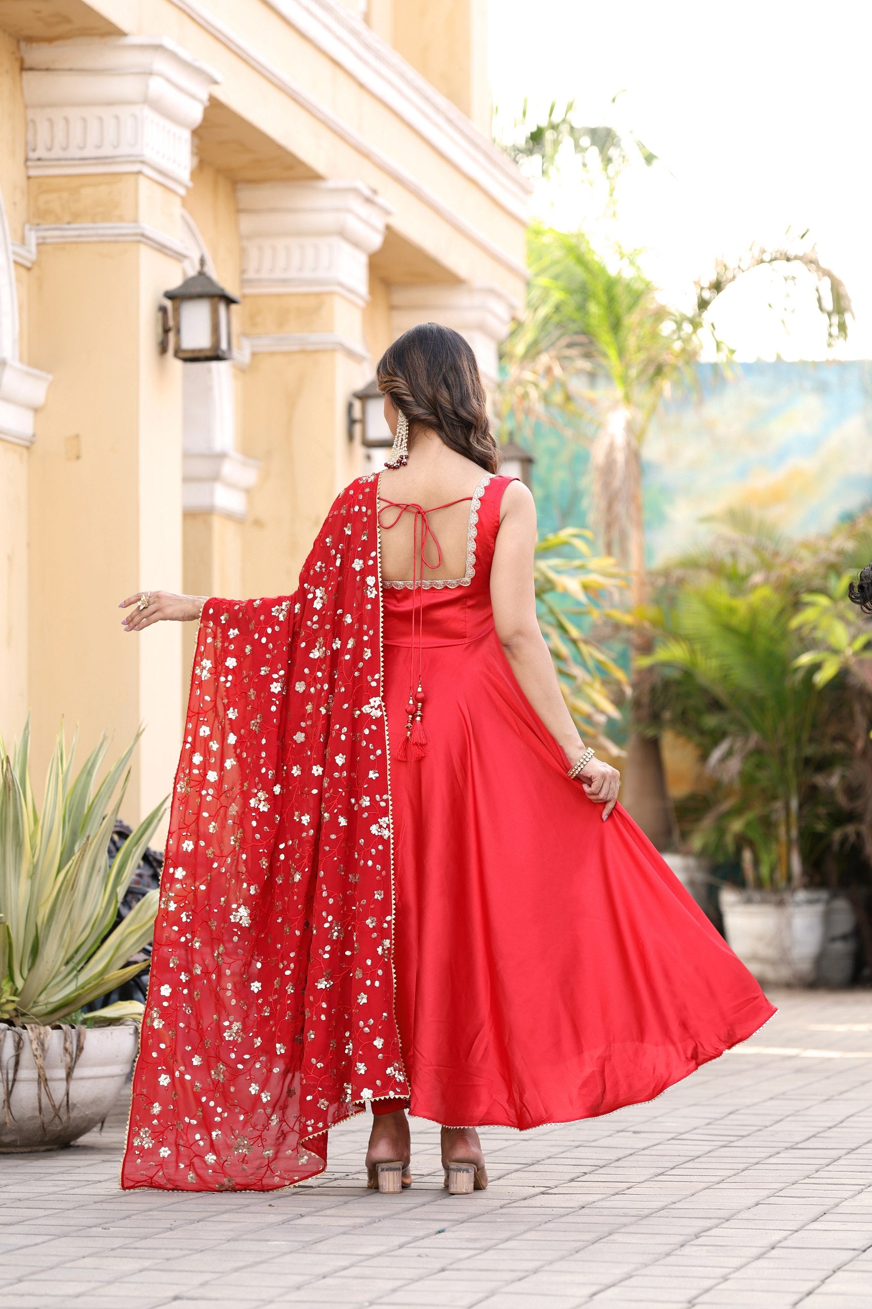 Jyoti Fashion Women's Red Satin Silk Lace Work Gown with Dupatta Set - Distacart