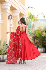 Thumbnail for Jyoti Fashion Women's Red Satin Silk Lace Work Gown with Dupatta Set - Distacart