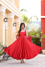 Thumbnail for Jyoti Fashion Women's Red Satin Silk Lace Work Gown with Dupatta Set - Distacart