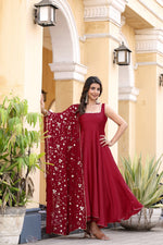 Thumbnail for Jyoti Fashion Women's Cherry Red Satin Silk Lace Work Gown with Dupatta Set - Distacart