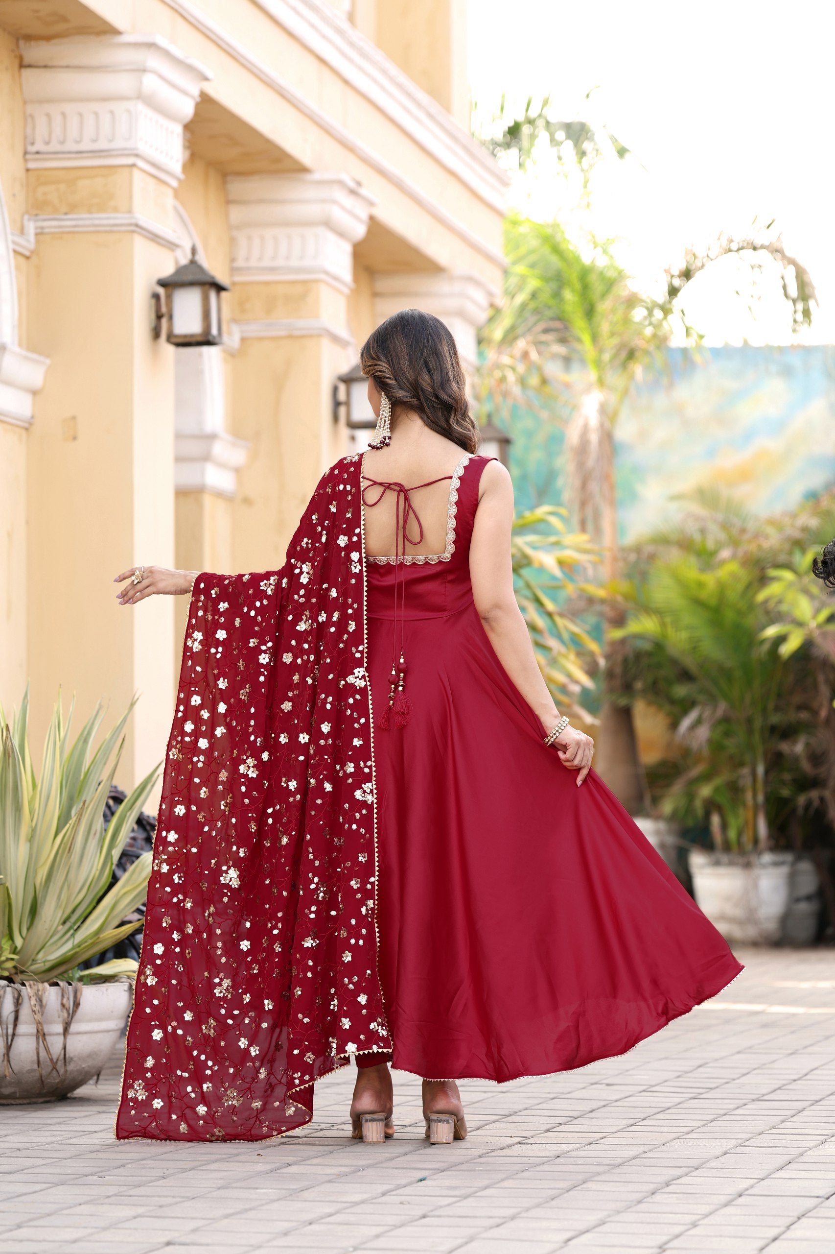 Jyoti Fashion Women's Cherry Red Satin Silk Lace Work Gown with Dupatta Set - Distacart