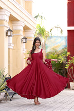 Thumbnail for Jyoti Fashion Women's Cherry Red Satin Silk Lace Work Gown with Dupatta Set - Distacart