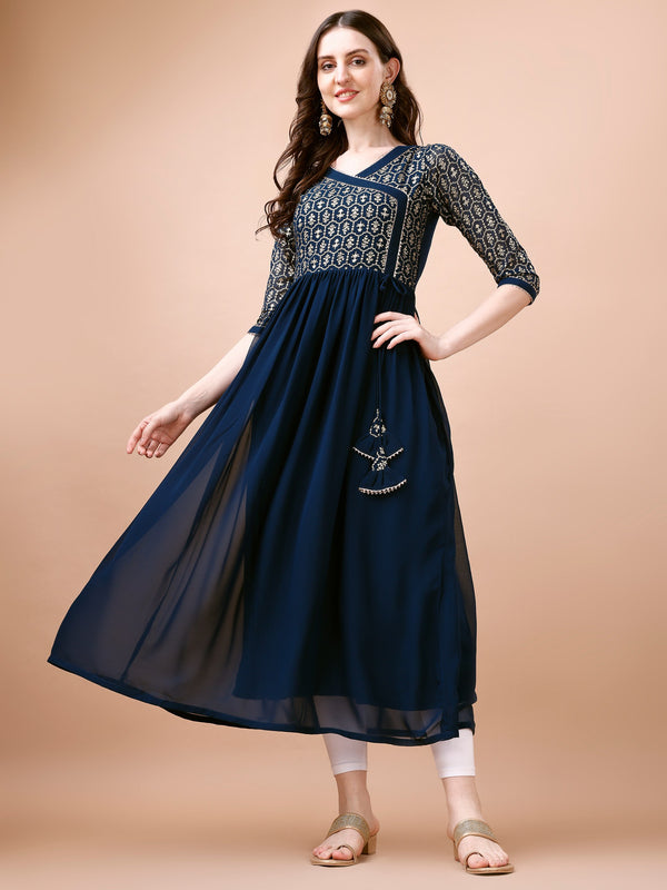Jyoti Fashion Women's Navy Blue Georgette Foil Printed Gown with Dupatta Set - Distacart