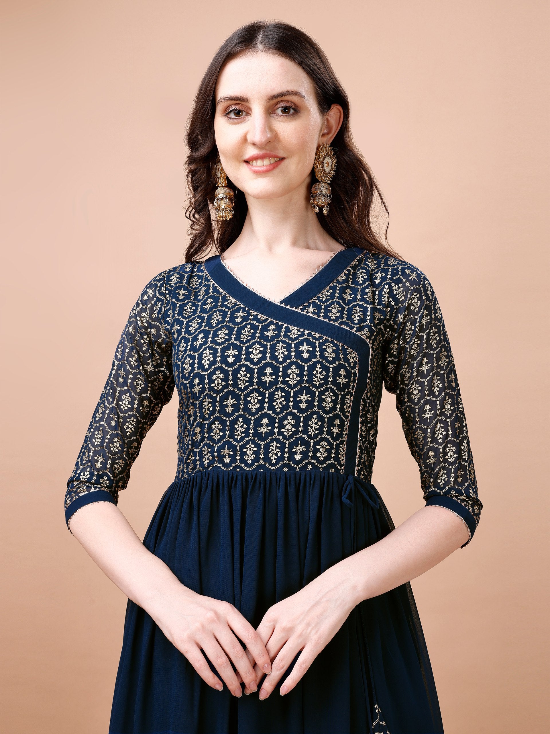 Jyoti Fashion Women's Navy Blue Georgette Foil Printed Gown with Dupatta Set - Distacart