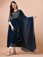 Thumbnail for Jyoti Fashion Women's Navy Blue Georgette Foil Printed Gown with Dupatta Set - Distacart