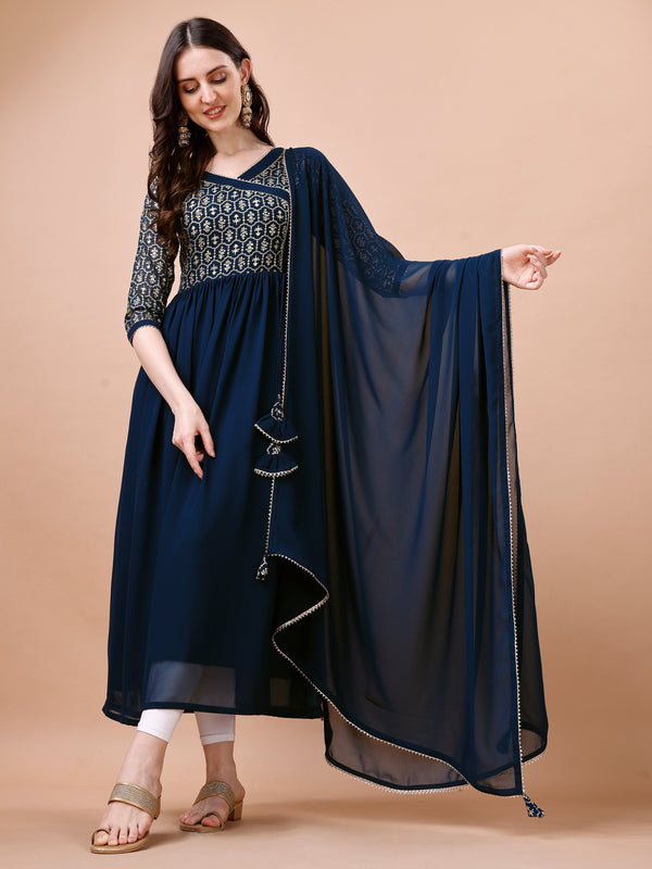 Jyoti Fashion Women's Navy Blue Georgette Foil Printed Gown with Dupatta Set - Distacart