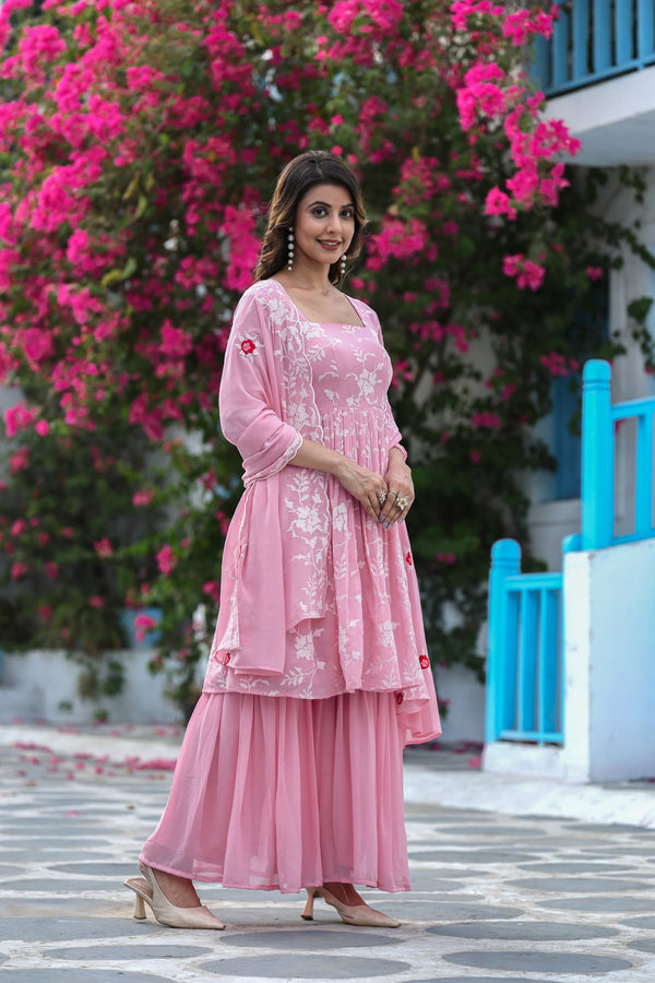 Jyoti Fashion Women's Baby Pink Faux Georgette Resham Embroidered Peplum Sharara Set - Distacart