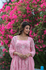 Thumbnail for Jyoti Fashion Women's Baby Pink Faux Georgette Resham Embroidered Peplum Sharara Set - Distacart