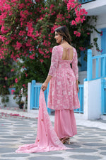 Thumbnail for Jyoti Fashion Women's Baby Pink Faux Georgette Resham Embroidered Peplum Sharara Set - Distacart