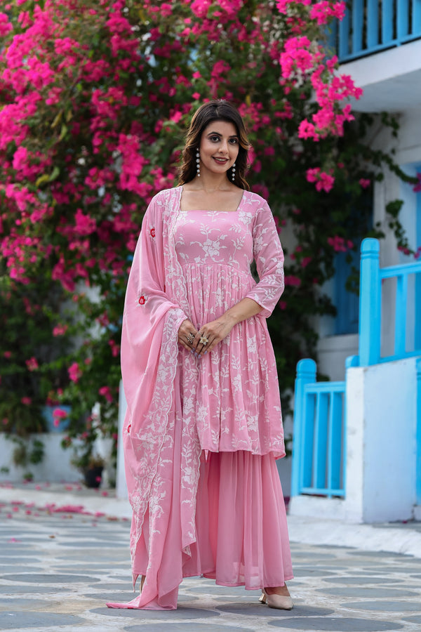 Jyoti Fashion Women's Baby Pink Faux Georgette Resham Embroidered Peplum Sharara Set - Distacart