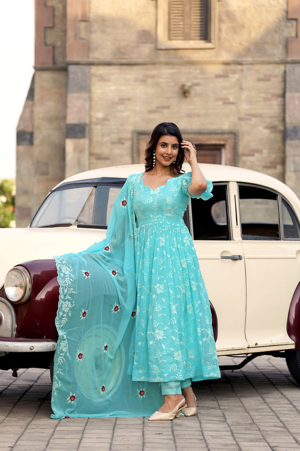 Jyoti Fashion Women's Sky Blue Faux Georgette Resham Embroidered Kurta Set with Dupatta - Distacart