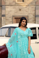 Thumbnail for Jyoti Fashion Women's Sky Blue Faux Georgette Resham Embroidered Kurta Set with Dupatta - Distacart