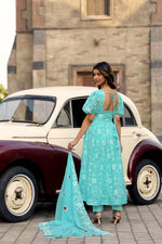 Thumbnail for Jyoti Fashion Women's Sky Blue Faux Georgette Resham Embroidered Kurta Set with Dupatta - Distacart