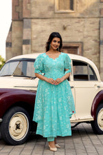 Thumbnail for Jyoti Fashion Women's Sky Blue Faux Georgette Resham Embroidered Kurta Set with Dupatta - Distacart