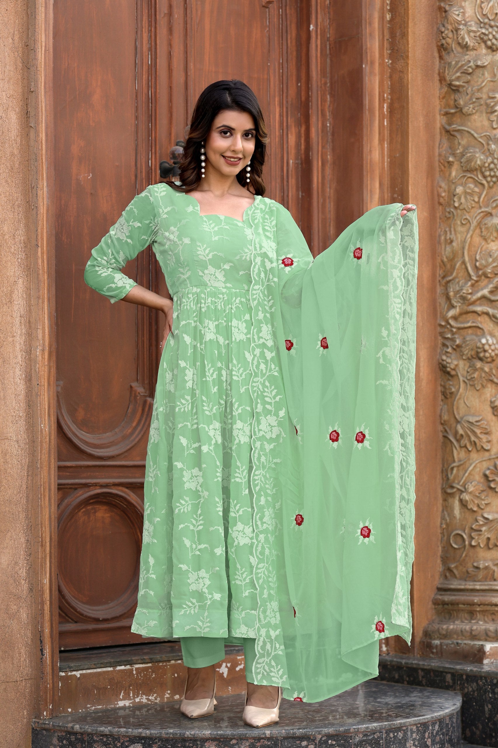 Jyoti Fashion Women's Pista Green Faux Georgette Resham Embroidered Kurta Set with Dupatta - Distacart