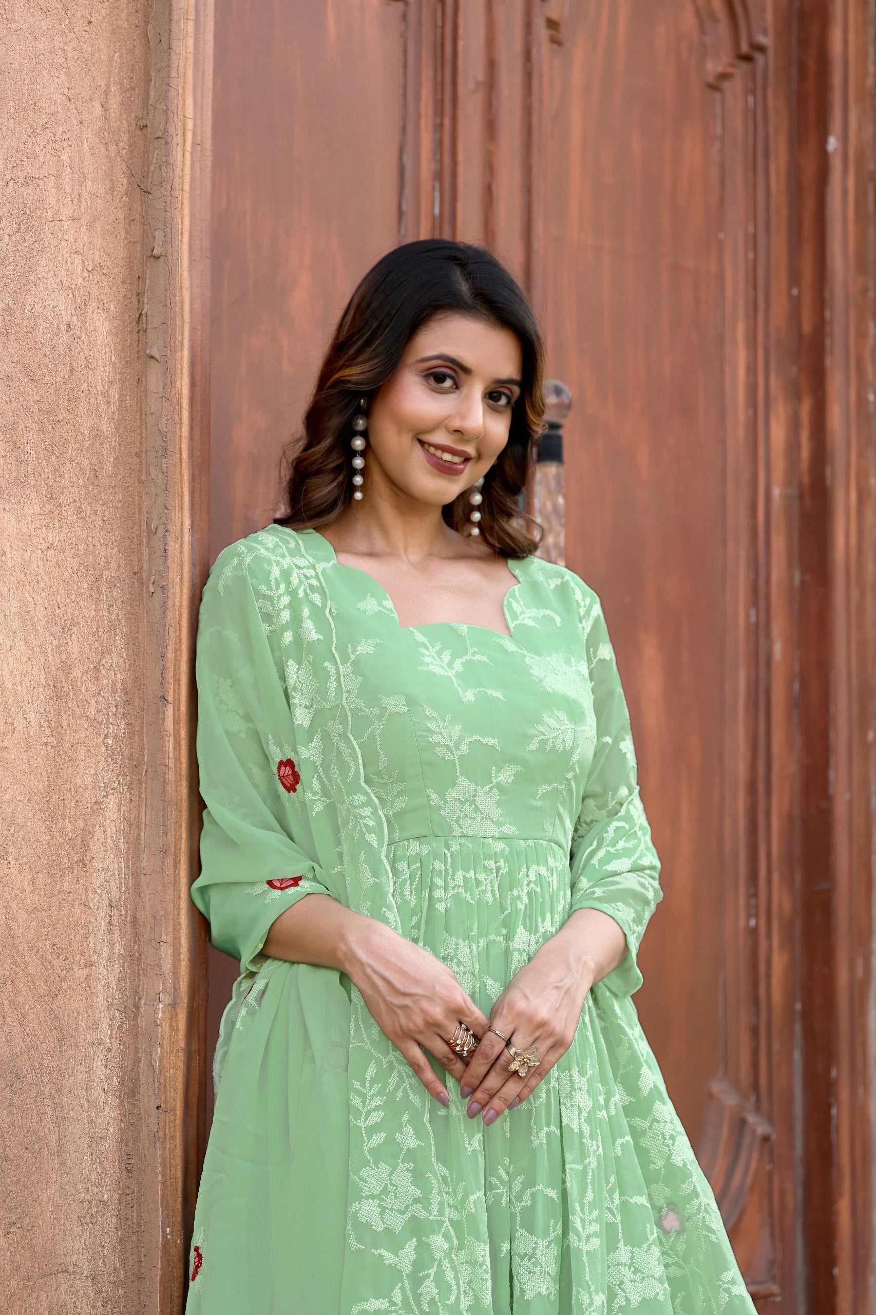 Jyoti Fashion Women's Pista Green Faux Georgette Resham Embroidered Kurta Set with Dupatta - Distacart
