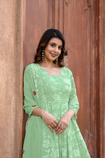 Thumbnail for Jyoti Fashion Women's Pista Green Faux Georgette Resham Embroidered Kurta Set with Dupatta - Distacart