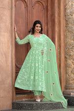 Thumbnail for Jyoti Fashion Women's Pista Green Faux Georgette Resham Embroidered Kurta Set with Dupatta - Distacart