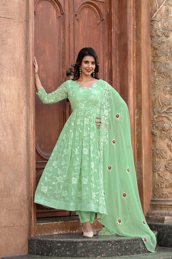 Jyoti Fashion Women's Pista Green Faux Georgette Resham Embroidered Kurta Set with Dupatta - Distacart
