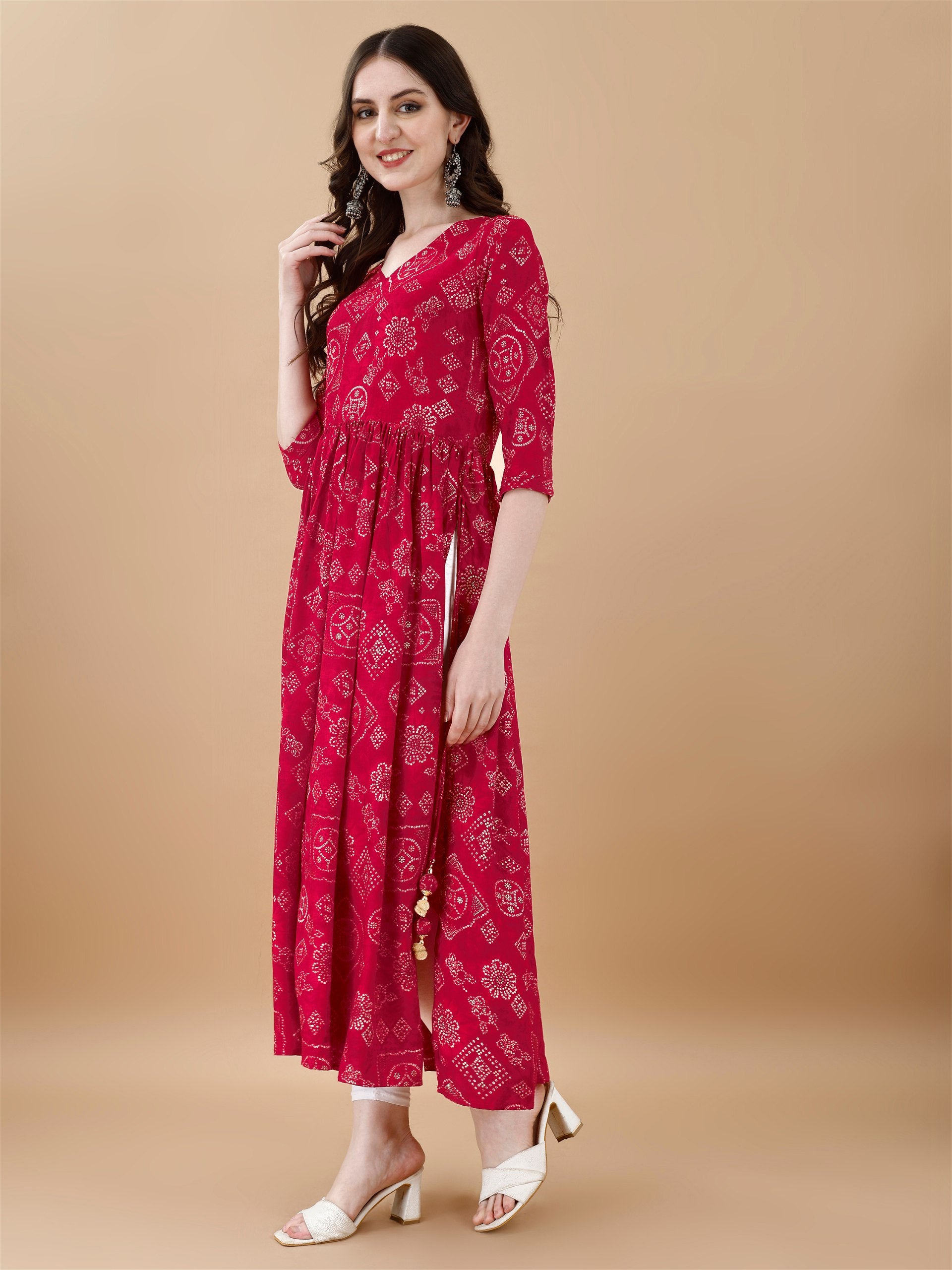 Jyoti Fashion Women's Rani Pink Rayon Bandhani Printed Casual Flared kurta - Distacart