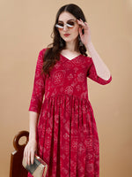 Thumbnail for Jyoti Fashion Women's Rani Pink Rayon Bandhani Printed Casual Flared kurta - Distacart