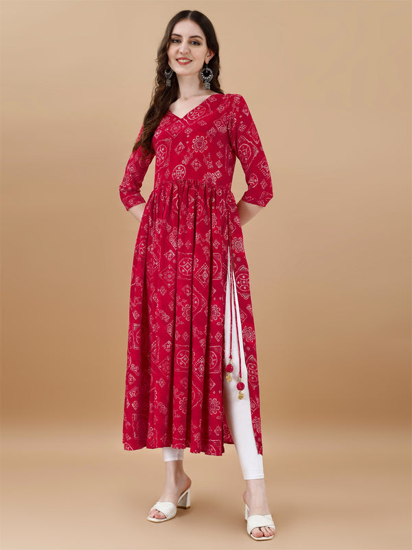 Jyoti Fashion Women's Rani Pink Rayon Bandhani Printed Casual Flared kurta - Distacart