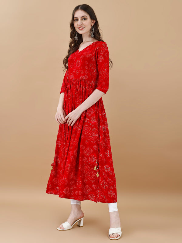 Jyoti Fashion Women's Red Rayon Bandhani Printed Casual Flared kurta - Distacart