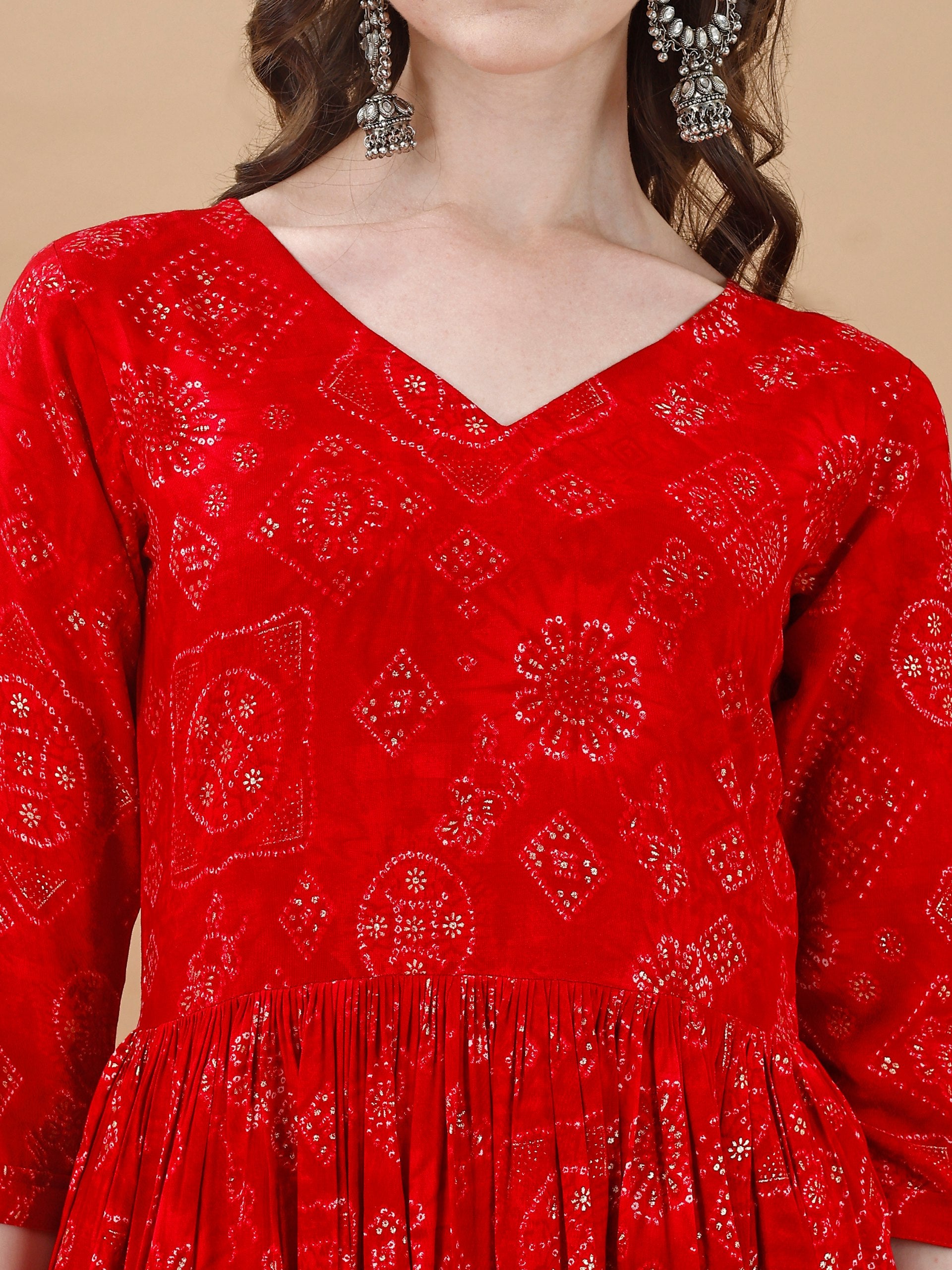 Jyoti Fashion Women's Red Rayon Bandhani Printed Casual Flared kurta - Distacart