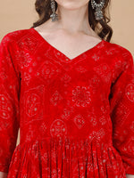 Thumbnail for Jyoti Fashion Women's Red Rayon Bandhani Printed Casual Flared kurta - Distacart