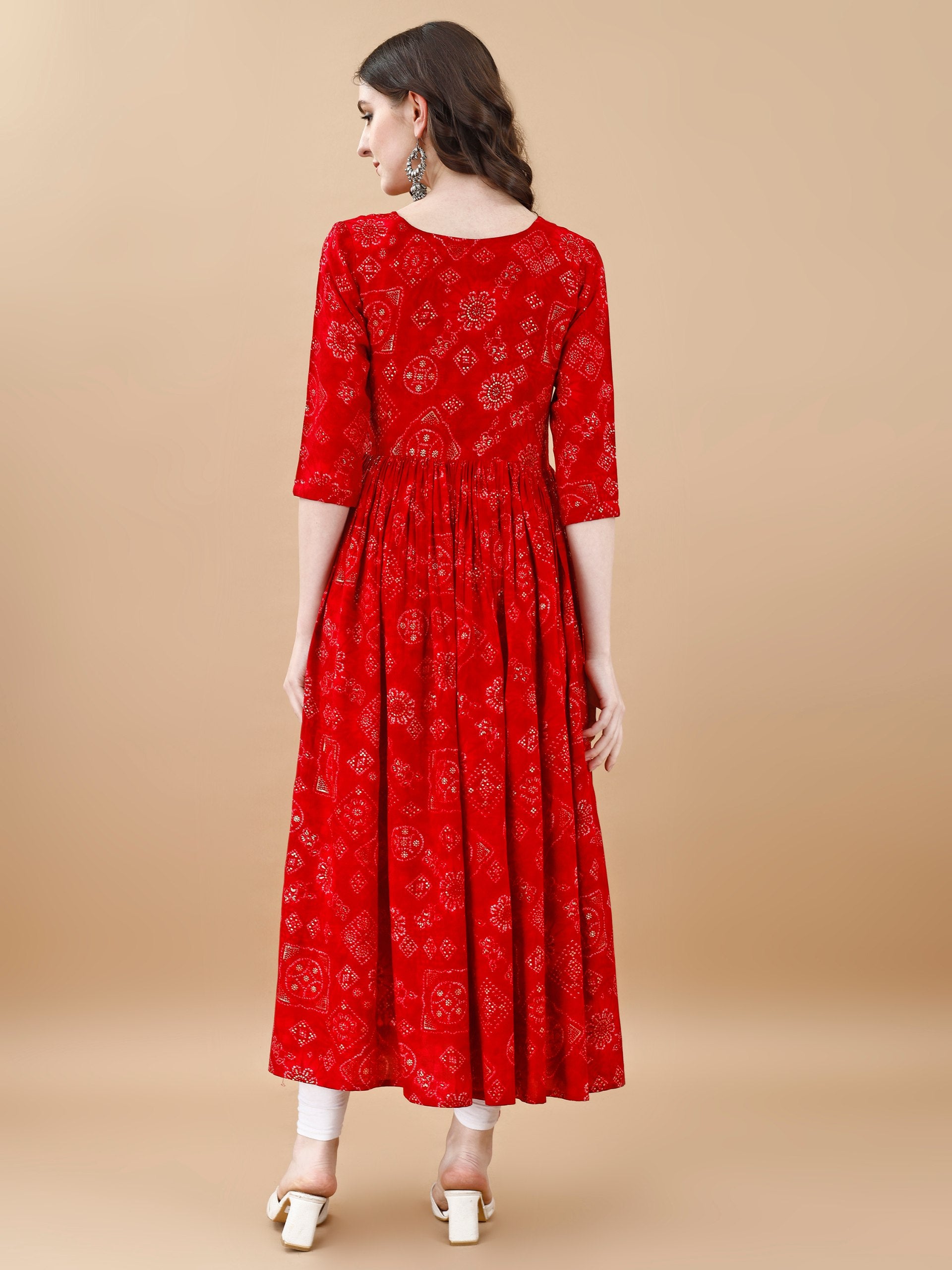 Jyoti Fashion Women's Red Rayon Bandhani Printed Casual Flared kurta - Distacart