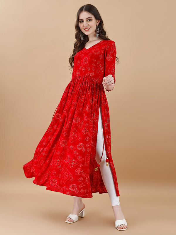 Jyoti Fashion Women's Red Rayon Bandhani Printed Casual Flared kurta - Distacart
