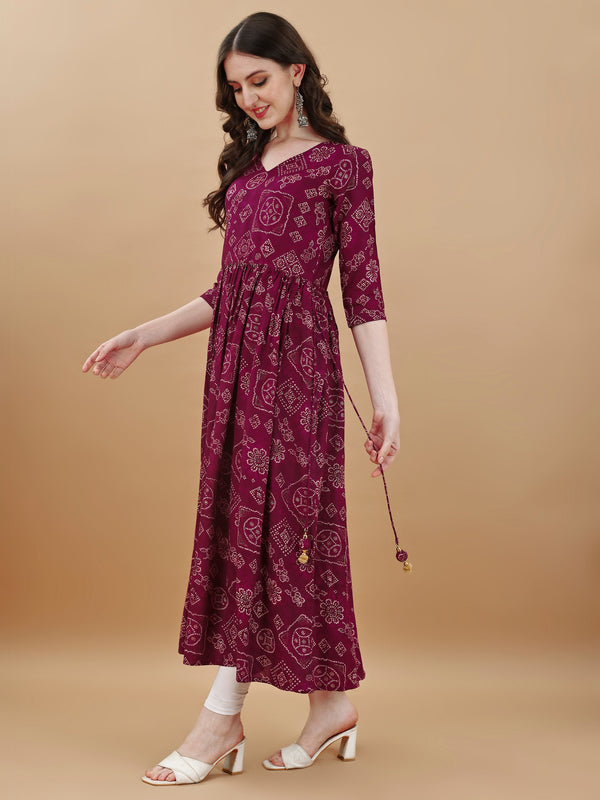Jyoti Fashion Women's Wine Rayon Bandhani Printed Casual Flared kurta - Distacart