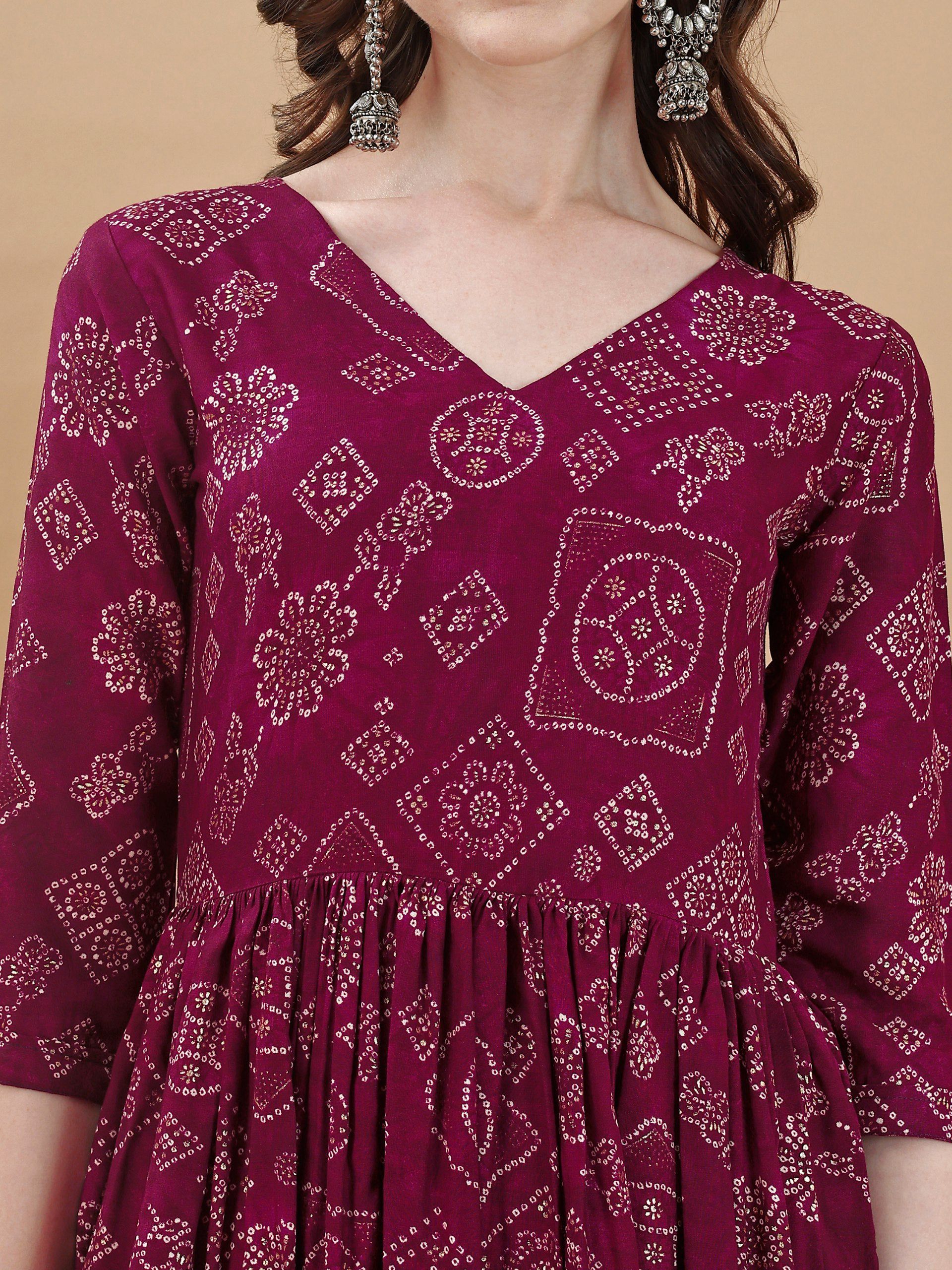 Jyoti Fashion Women's Wine Rayon Bandhani Printed Casual Flared kurta - Distacart