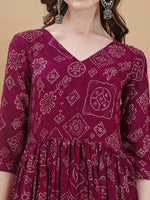 Thumbnail for Jyoti Fashion Women's Wine Rayon Bandhani Printed Casual Flared kurta - Distacart