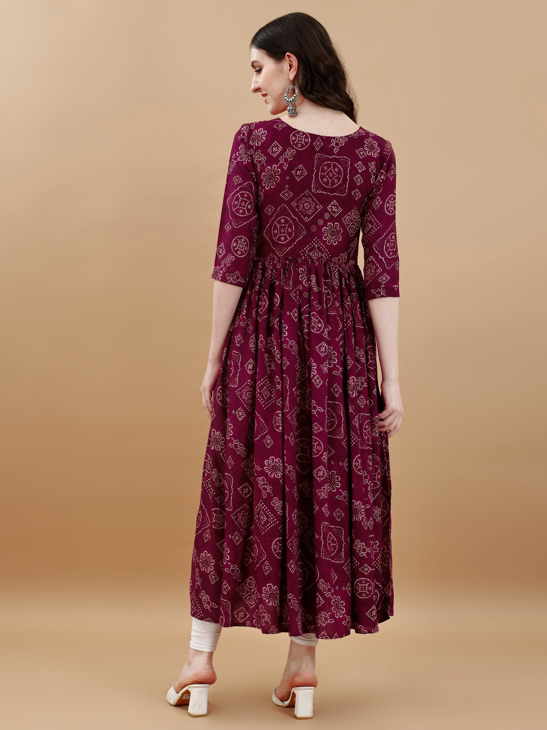 Jyoti Fashion Women's Wine Rayon Bandhani Printed Casual Flared kurta - Distacart