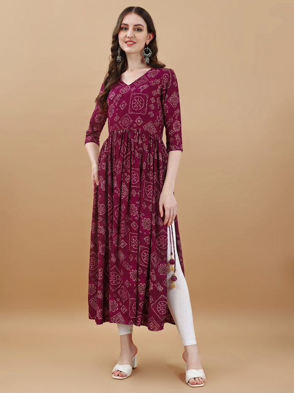 Jyoti Fashion Women's Wine Rayon Bandhani Printed Casual Flared kurta - Distacart