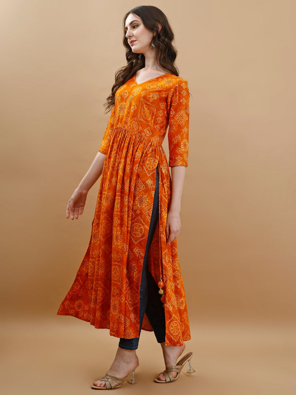 Jyoti Fashion Women's Mustard Rayon Bandhani Printed Casual Flared kurta - Distacart