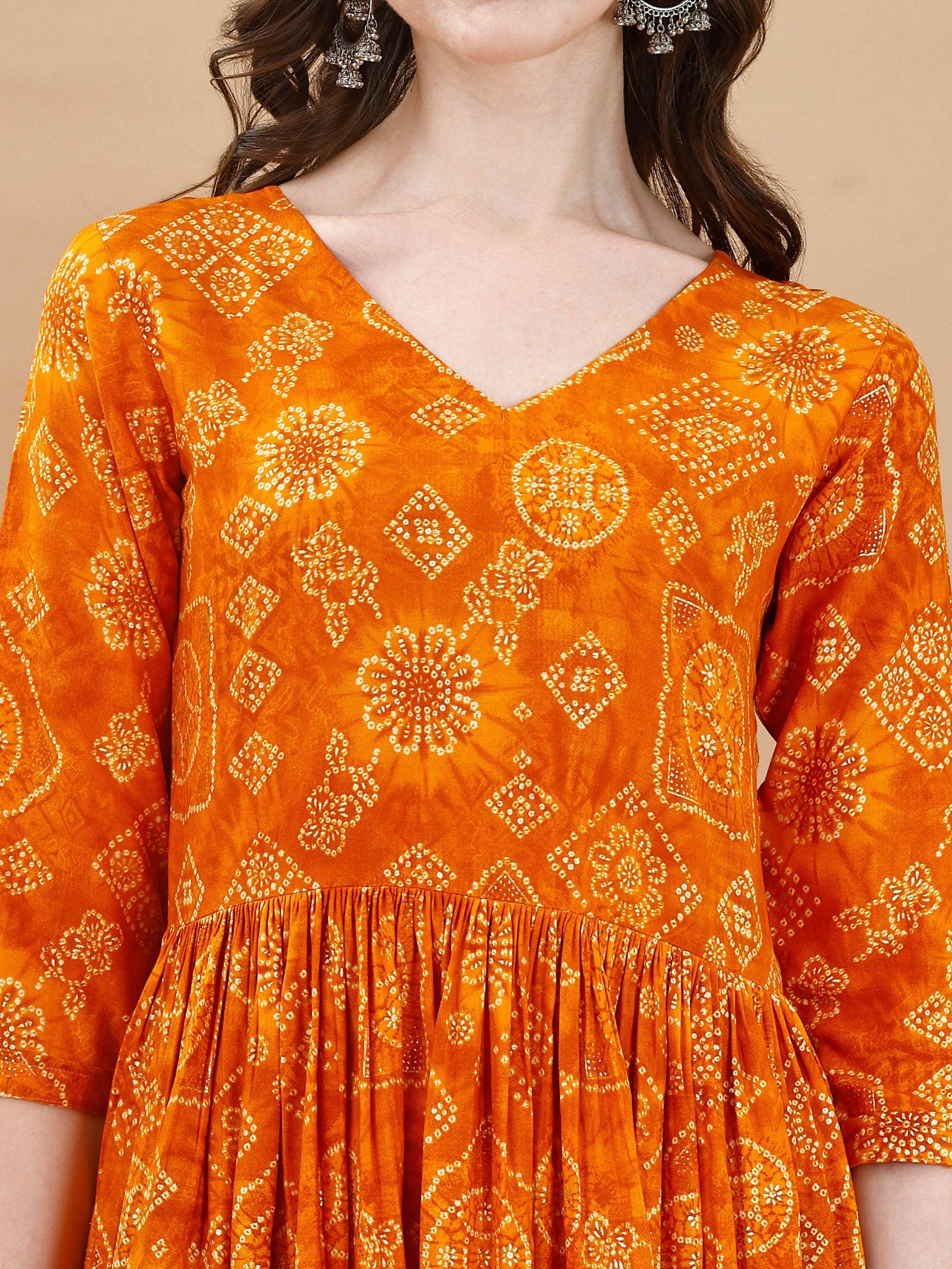 Jyoti Fashion Women's Mustard Rayon Bandhani Printed Casual Flared kurta - Distacart