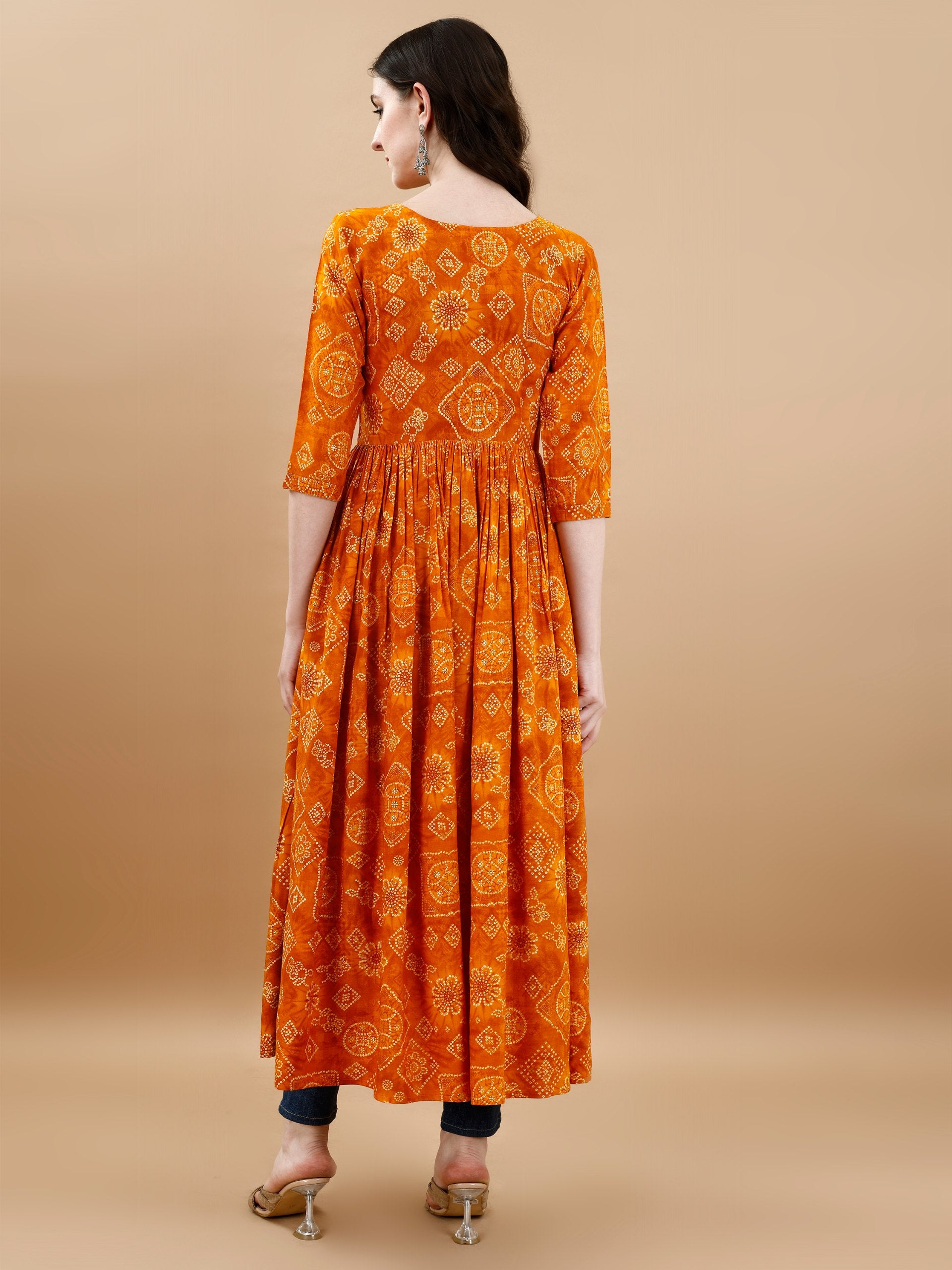 Jyoti Fashion Women's Mustard Rayon Bandhani Printed Casual Flared kurta - Distacart