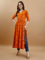 Thumbnail for Jyoti Fashion Women's Mustard Rayon Bandhani Printed Casual Flared kurta - Distacart