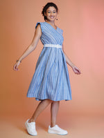 Thumbnail for Jyoti Fashion Women's Blue Cotton Striped with Embroidered Belt Western Midi Dress - Distacart