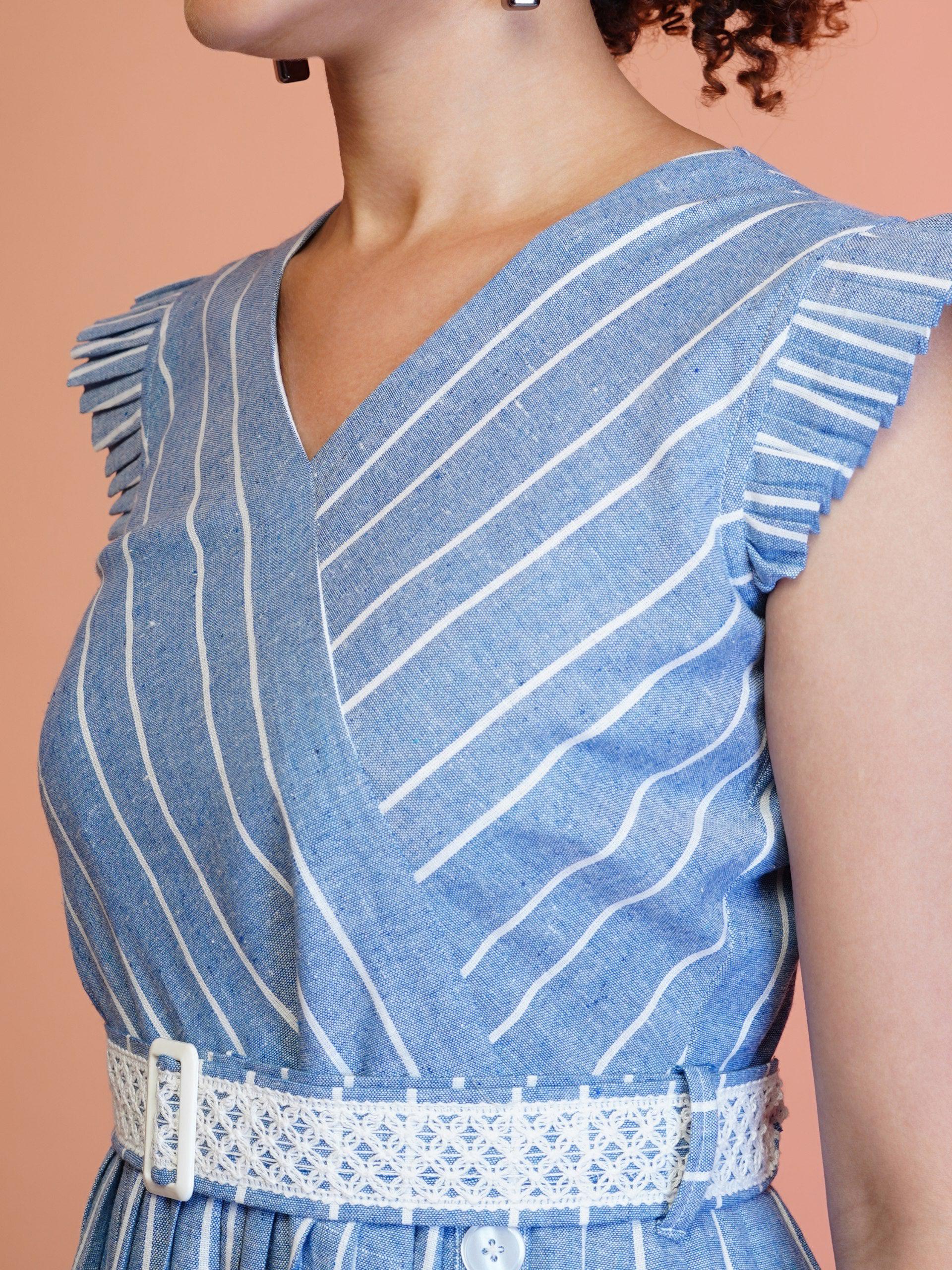 Jyoti Fashion Women's Blue Cotton Striped with Embroidered Belt Western Midi Dress - Distacart
