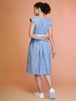 Thumbnail for Jyoti Fashion Women's Blue Cotton Striped with Embroidered Belt Western Midi Dress - Distacart