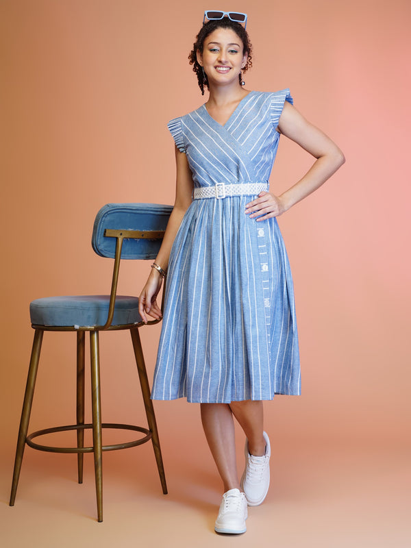 Jyoti Fashion Women's Blue Cotton Striped with Embroidered Belt Western Midi Dress - Distacart