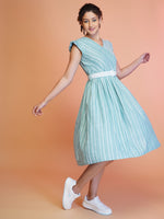 Thumbnail for Jyoti Fashion Women's Sea Green Cotton Striped with Embroidered Belt Western Midi Dress - Distacart