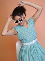 Thumbnail for Jyoti Fashion Women's Sea Green Cotton Striped with Embroidered Belt Western Midi Dress - Distacart