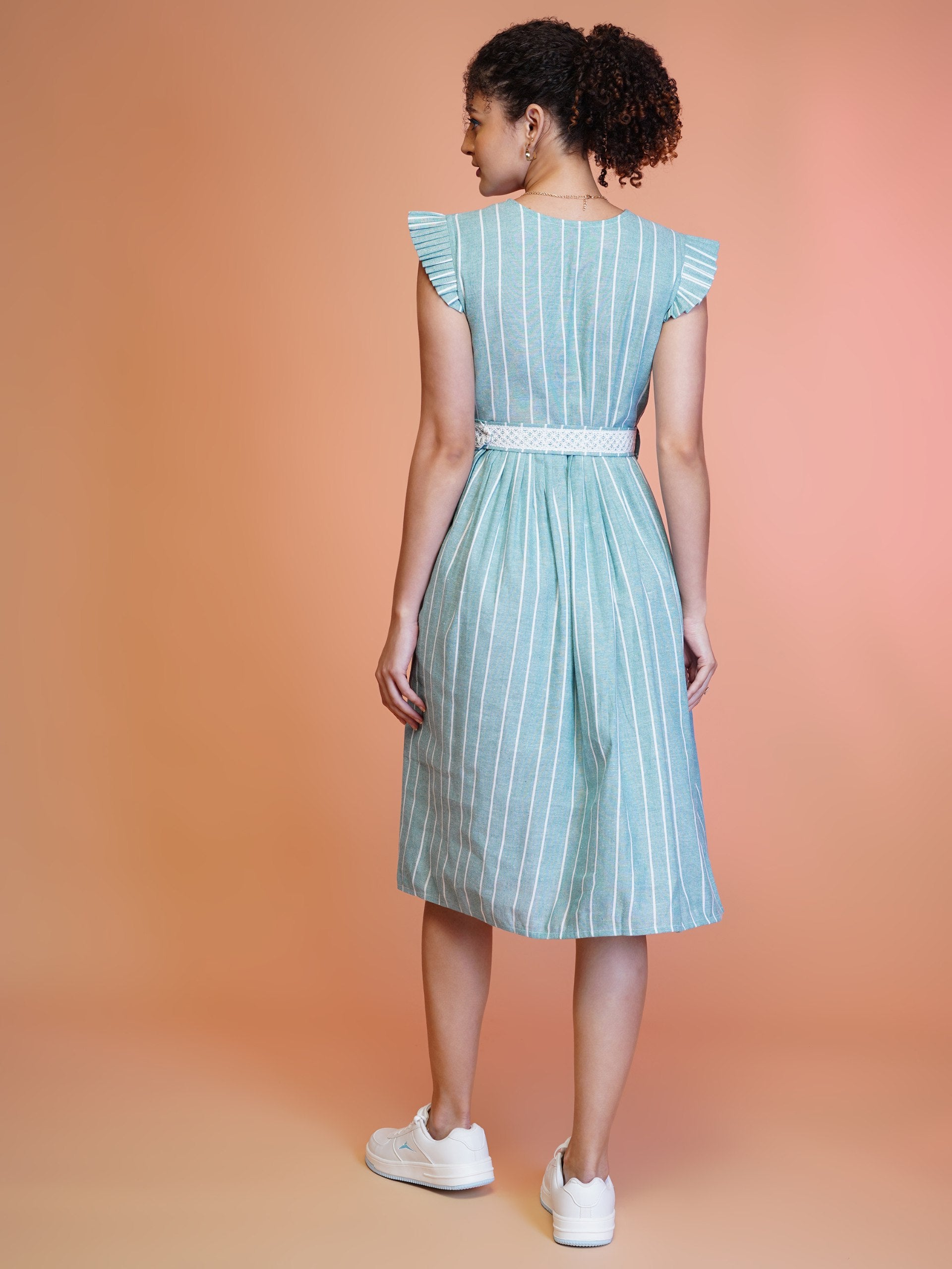 Jyoti Fashion Women's Sea Green Cotton Striped with Embroidered Belt Western Midi Dress - Distacart
